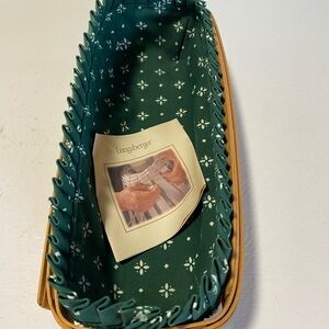 NWT LONGABERGER Green and Brown Bread Basket with Patterned Liner and Handles